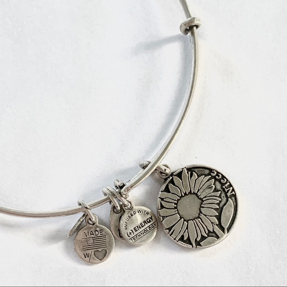 Alex and Ani silver niece charm bangle bracelet sunflower design Y2K gift family